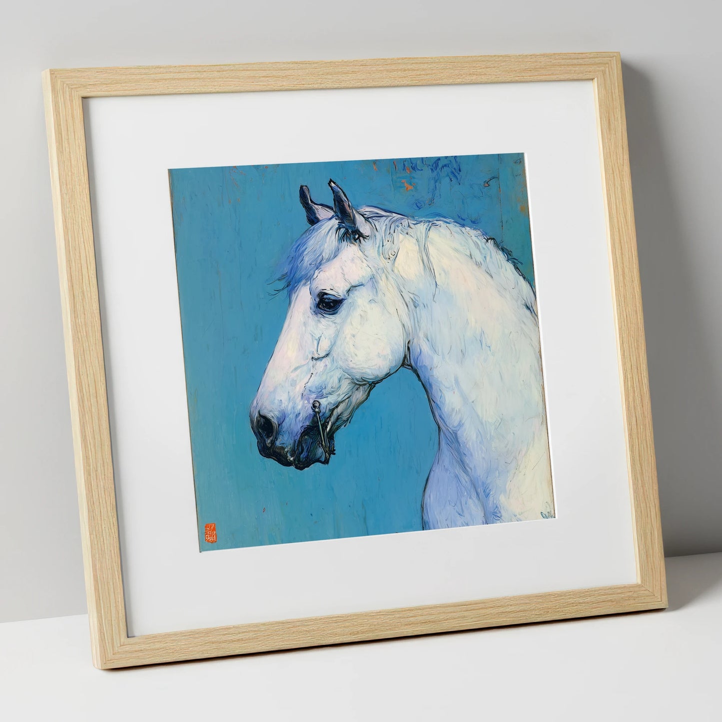 Cerulean Grey Profile horse portrait art print in natural frame