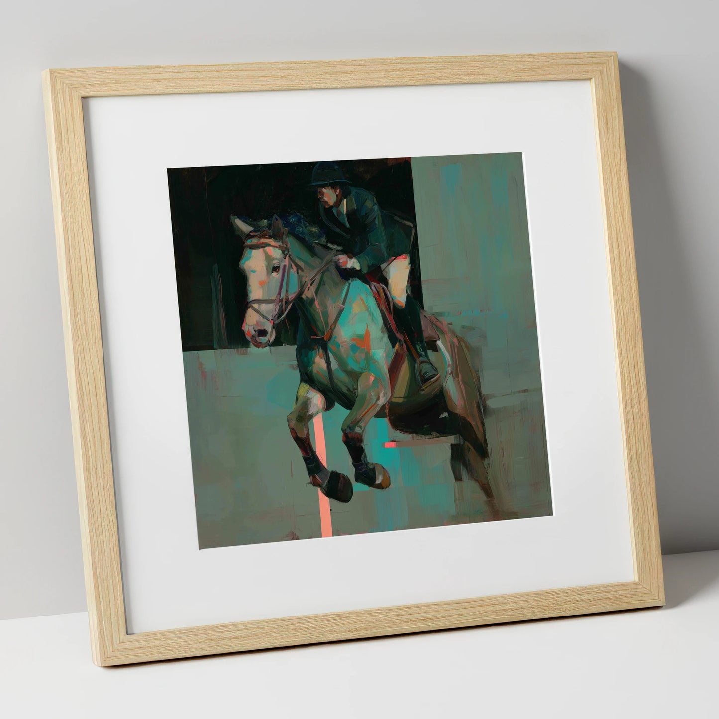 Suspended in Colour show jumping horse art print in natural frame