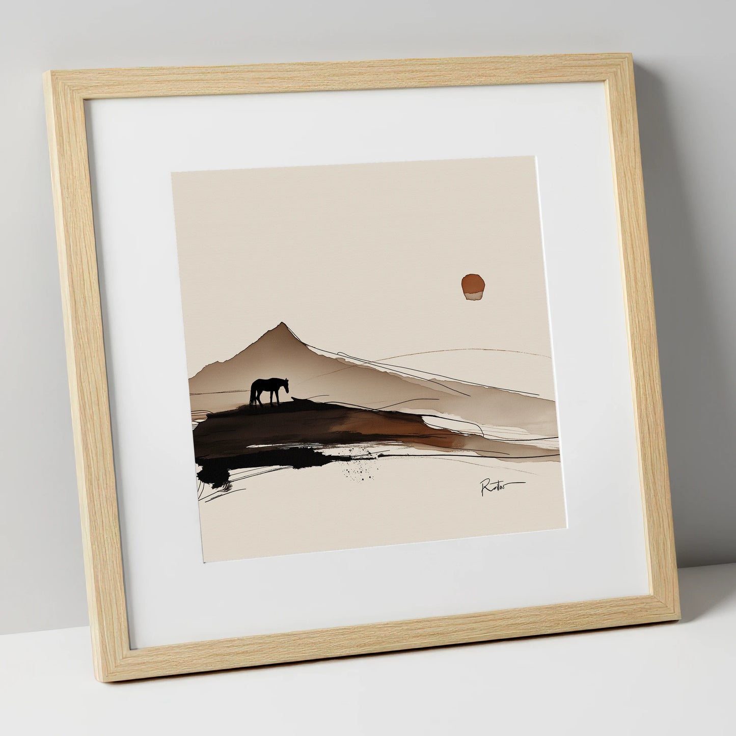 Solitude Beneath the Peak horse landscape art print in natural frame