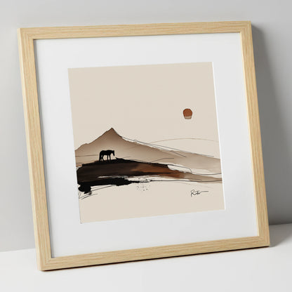 Solitude Beneath the Peak horse landscape art print in natural frame