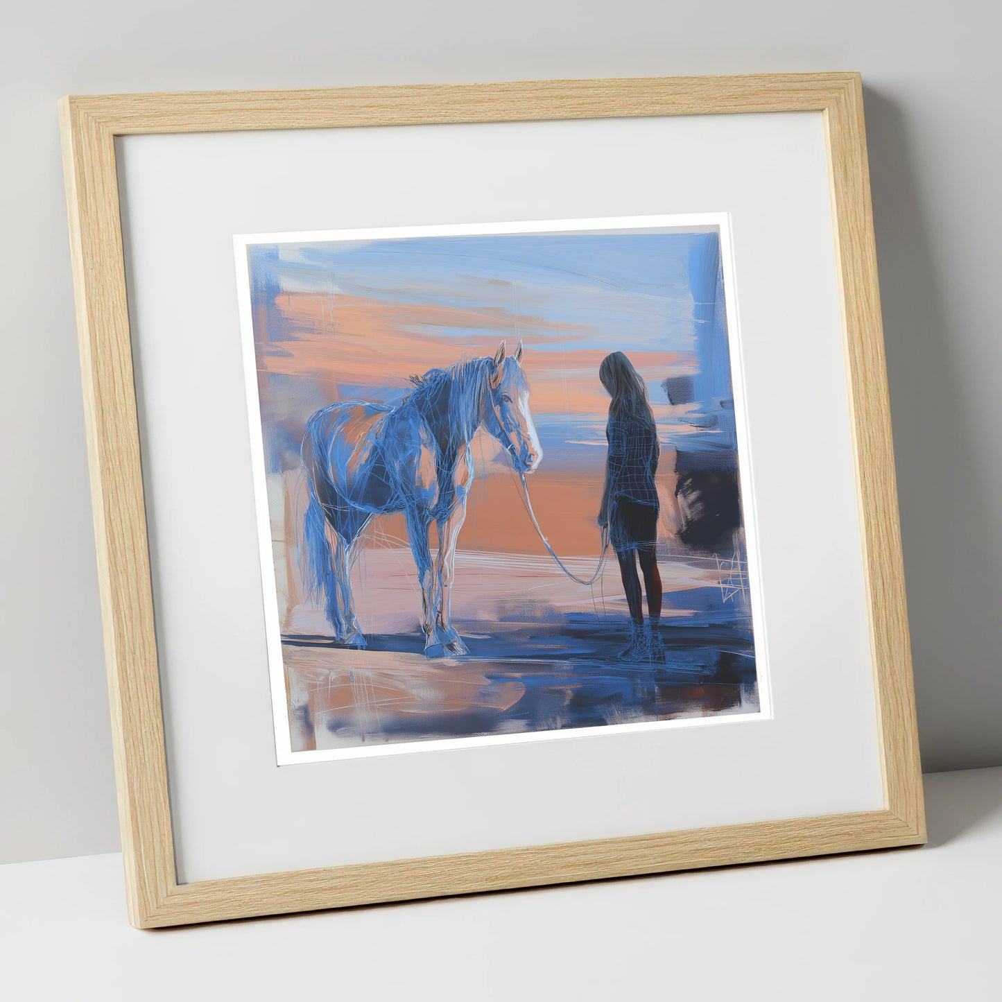 The Quiet Language horse & rider art print in natural frame