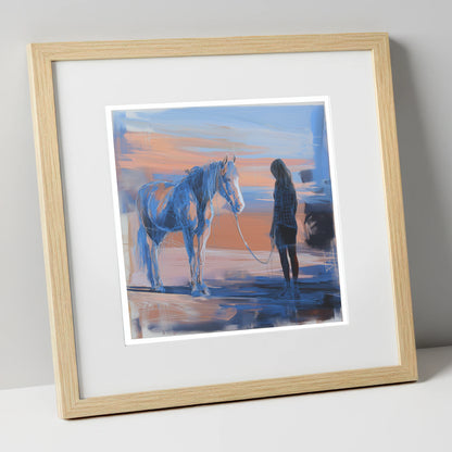 The Quiet Language horse & rider art print in natural frame