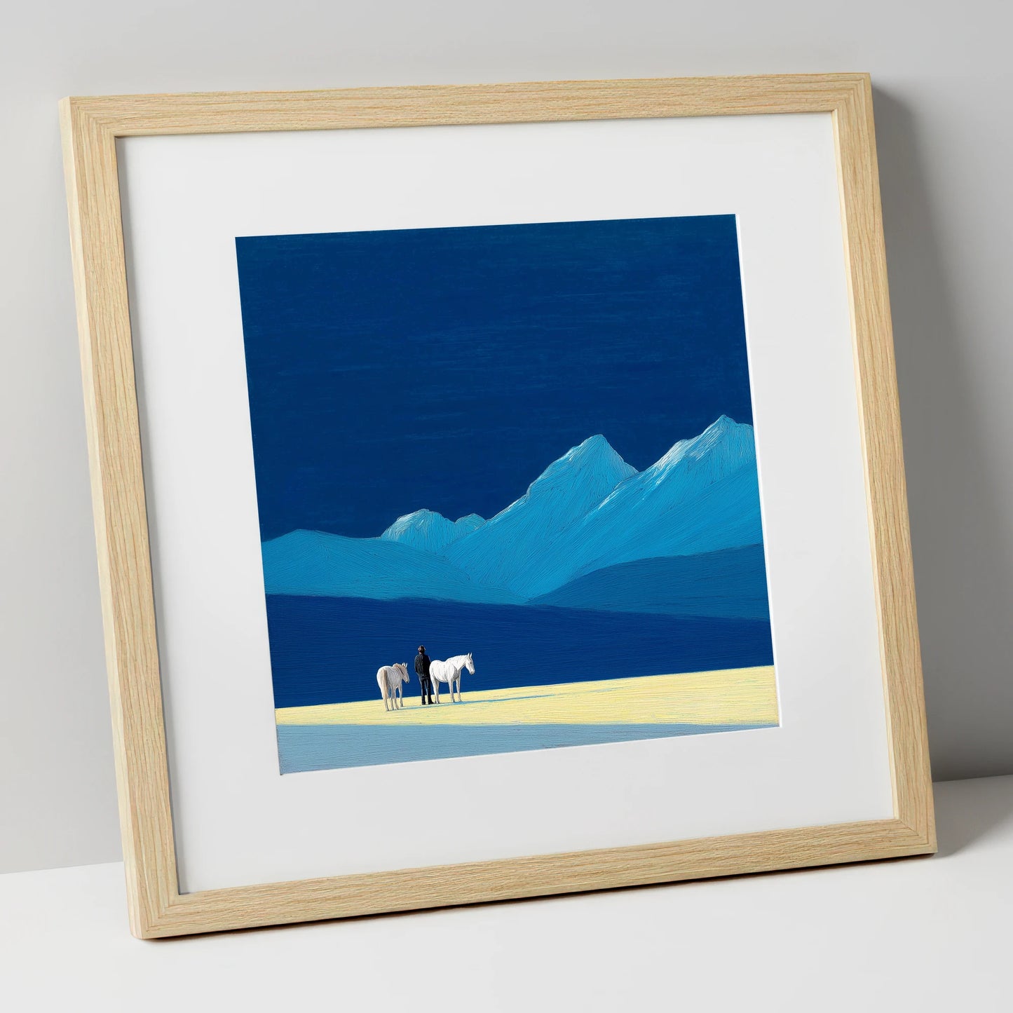 Azure Mountain Solitude horse landscape art print in natural frame
