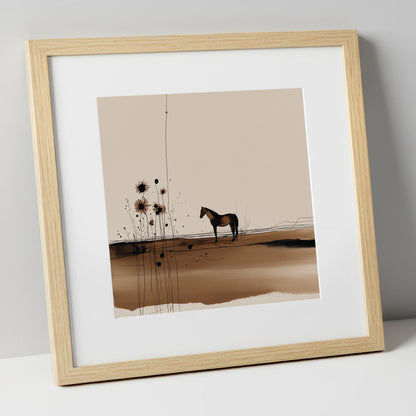 Stillness in Sepia horse landscape art print in natural frame