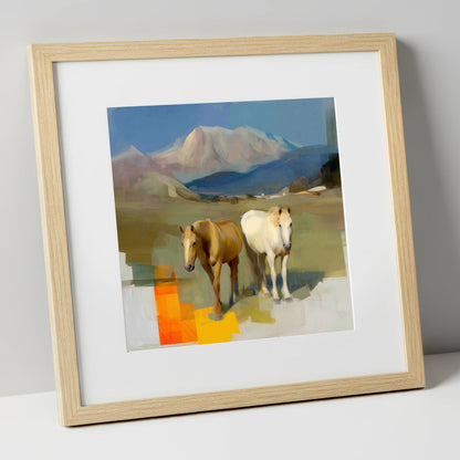Abstract Alpine Companions horse landscape art print in natural frame