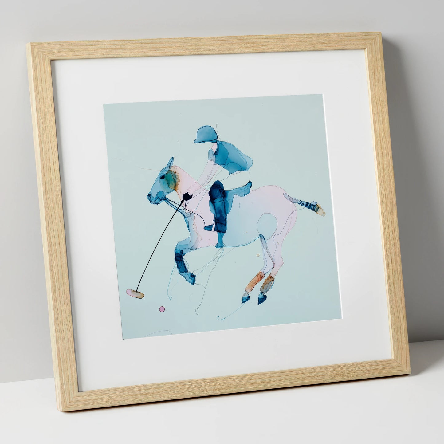 Ethereal Polo Strike polo horse art print in natural frame