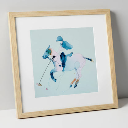 Ethereal Polo Strike polo horse art print in natural frame