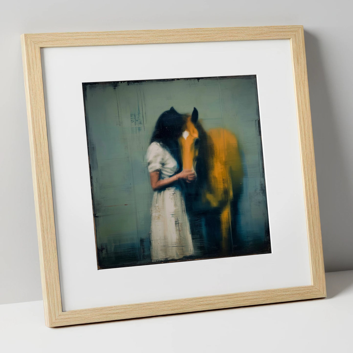 Silent Devotion horse & rider art print in natural frame