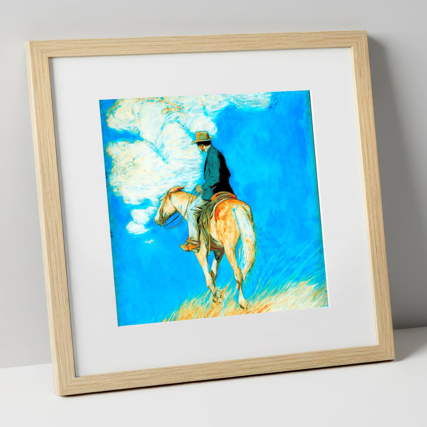 Vivid Western Horizon western horse art print in natural frame