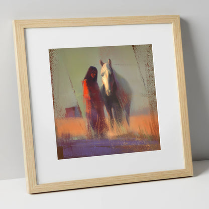 Whispers in the Haze horse & rider art print in natural frame