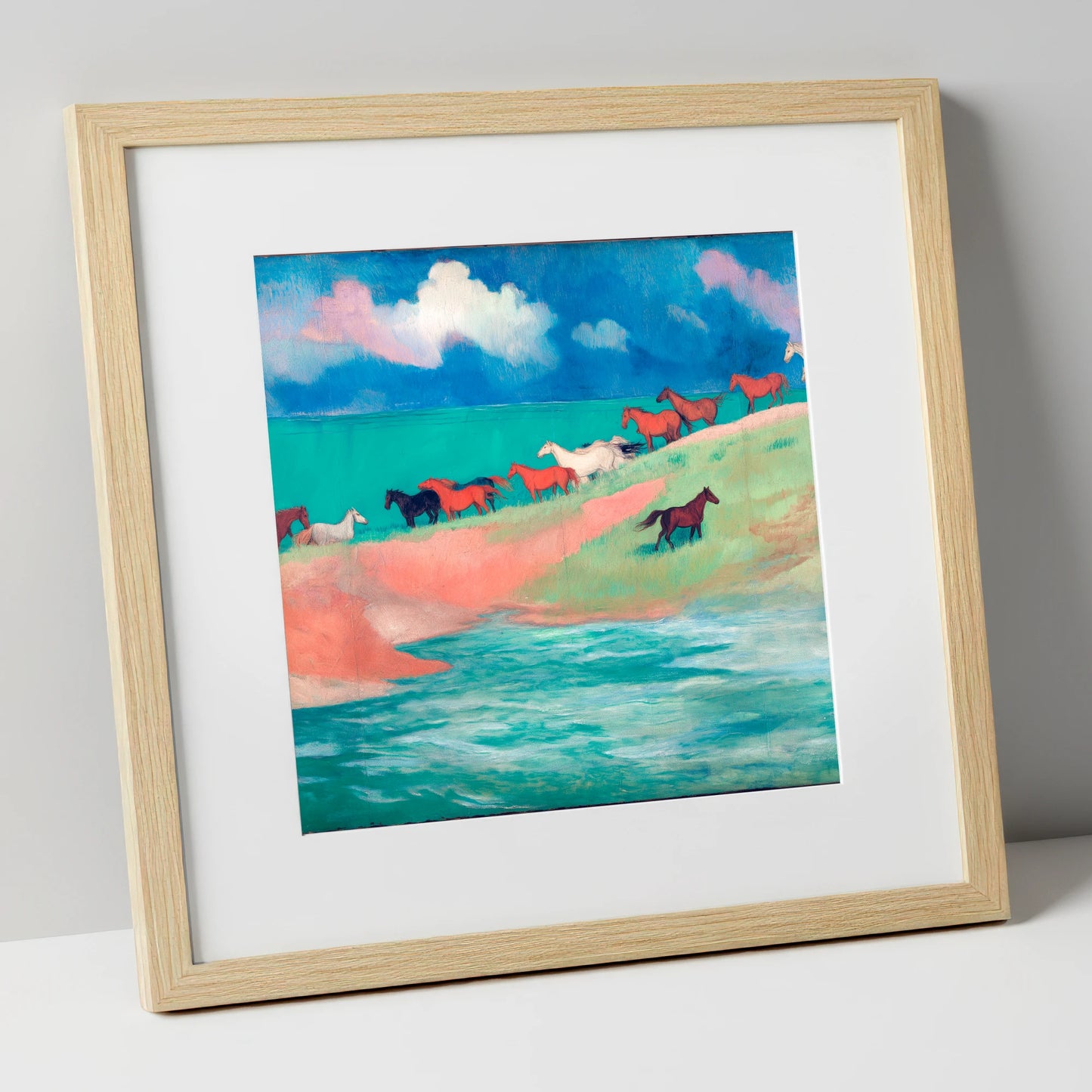 Spirited Coastal Herd wild horses art print in natural frame