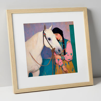Quiet Devotion horse & rider art print in natural frame