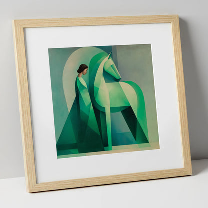 Facets of Connection horse & rider art print in natural frame