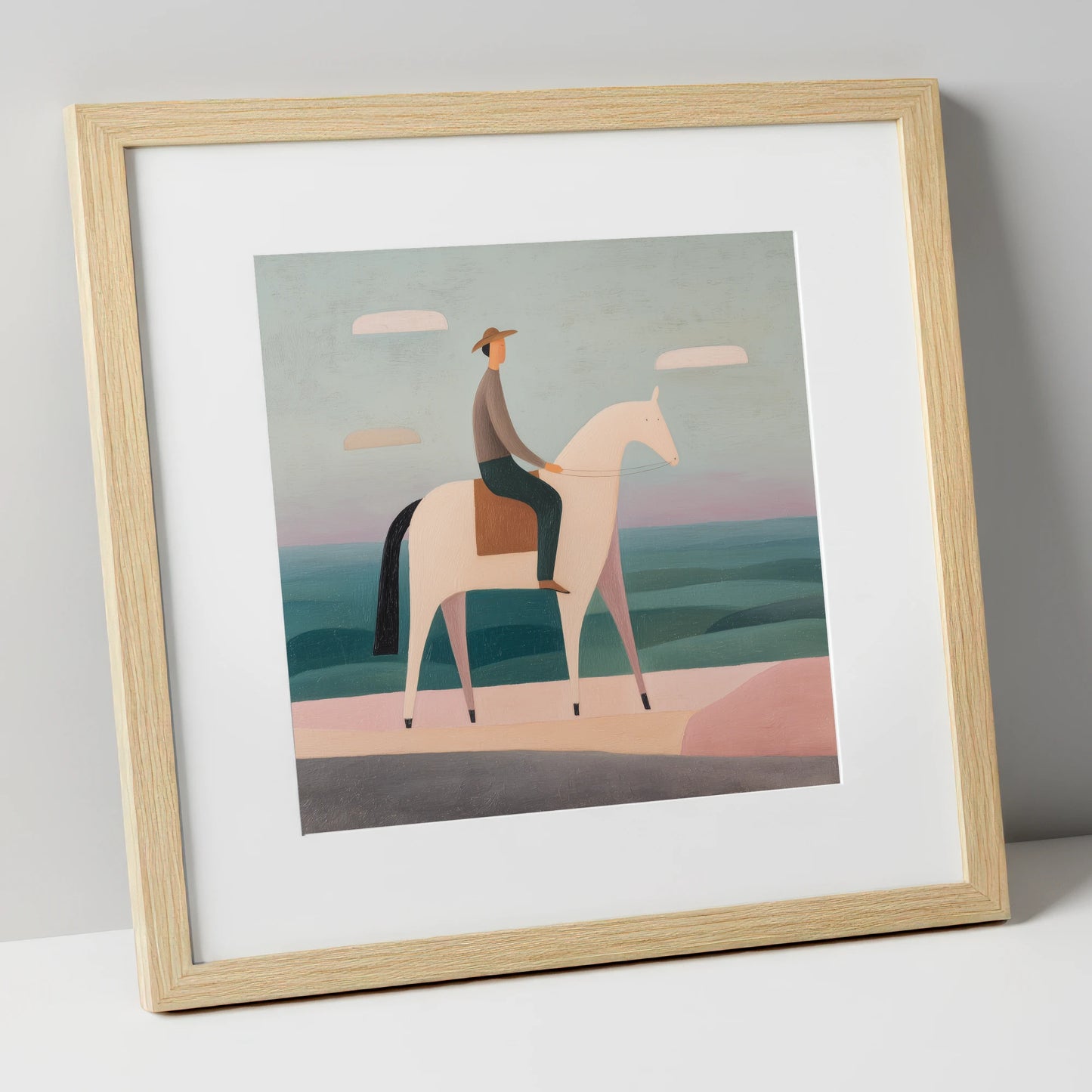 Minimalist Coastal Rider beach horse art print in natural frame