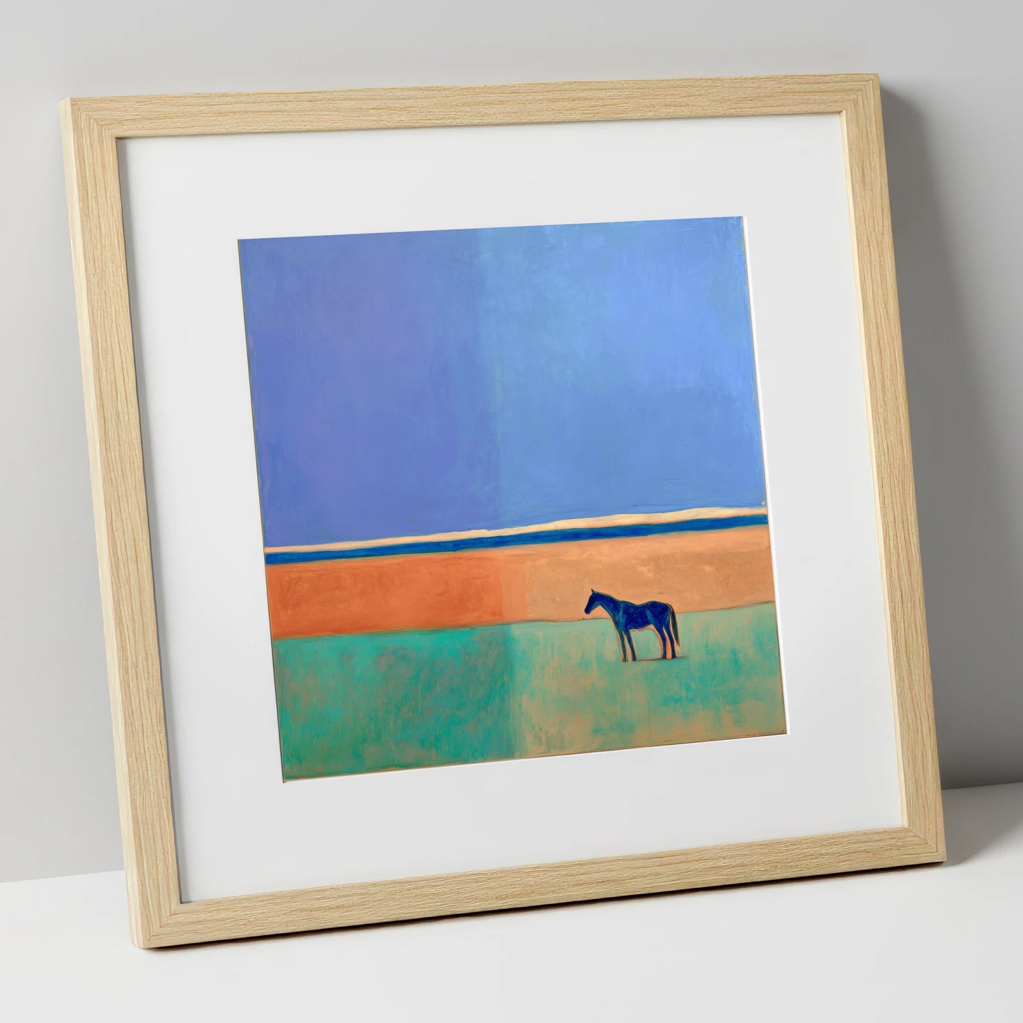 Cobalt Horizon horse landscape art print in natural frame