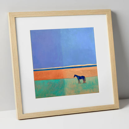 Cobalt Horizon horse landscape art print in natural frame