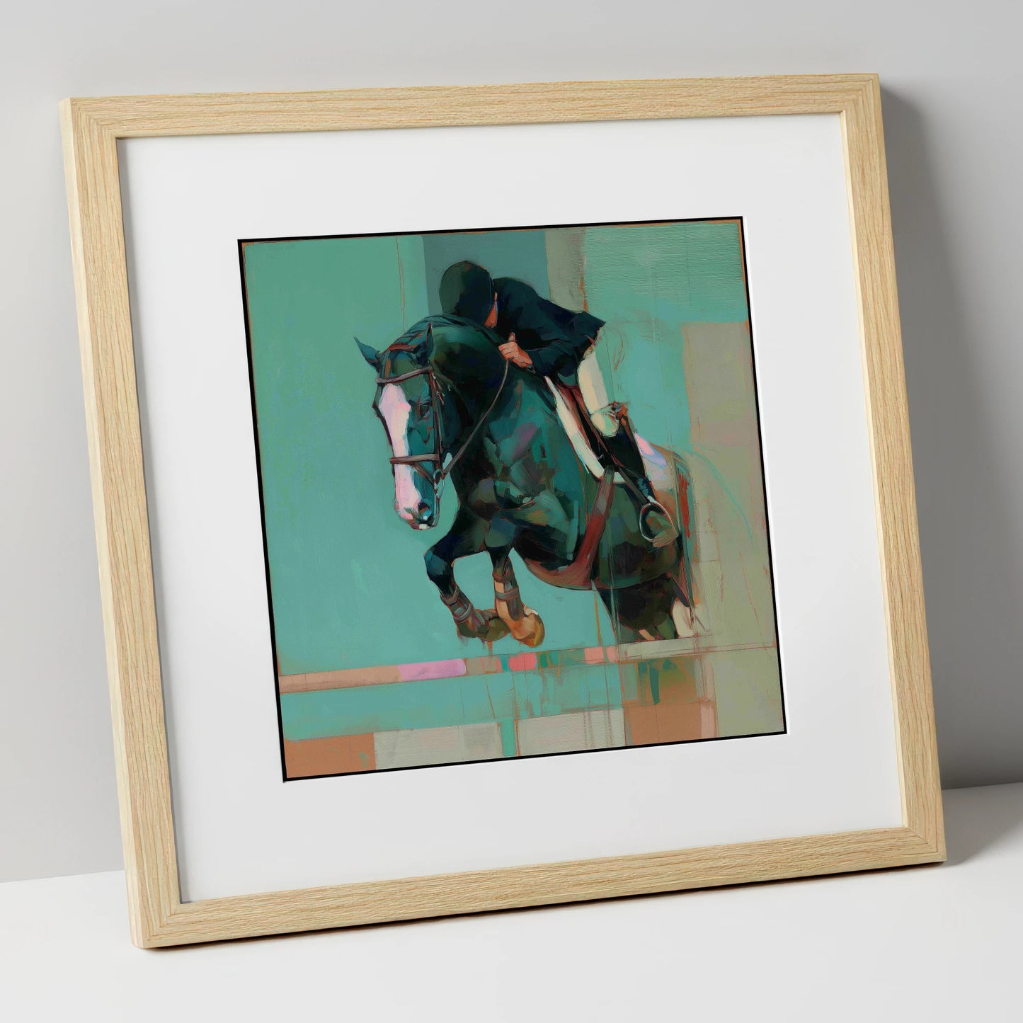 Suspended in Teal show jumping horse art print in natural frame