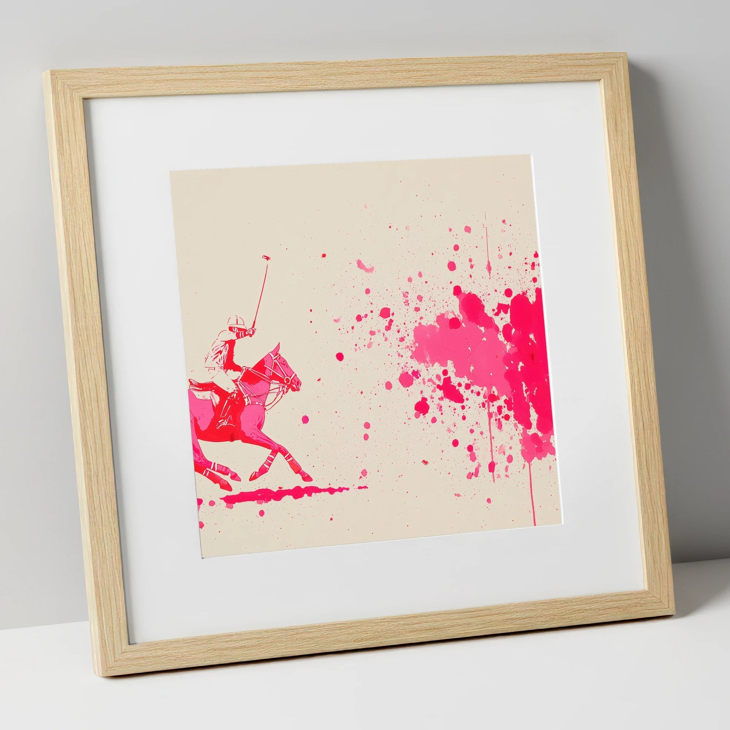 Magenta Polo Strike polo horse art print in natural frame
