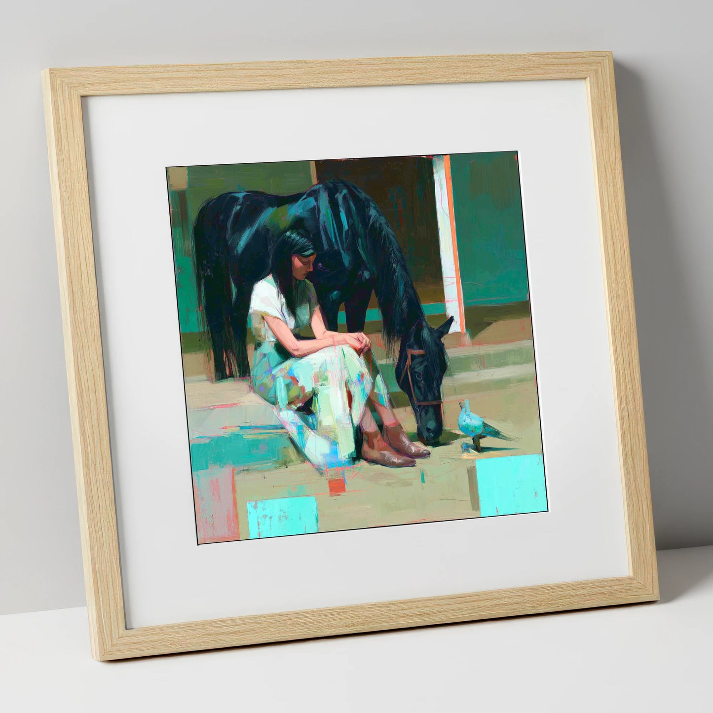 Stillness in the Yard horse & rider art print in natural frame