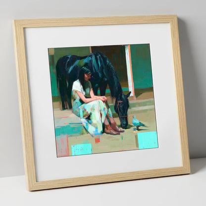 Stillness in the Yard horse & rider art print in natural frame