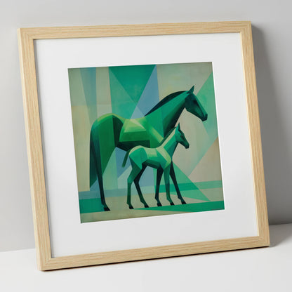 Facets in Emerald mare & foal art print in natural frame
