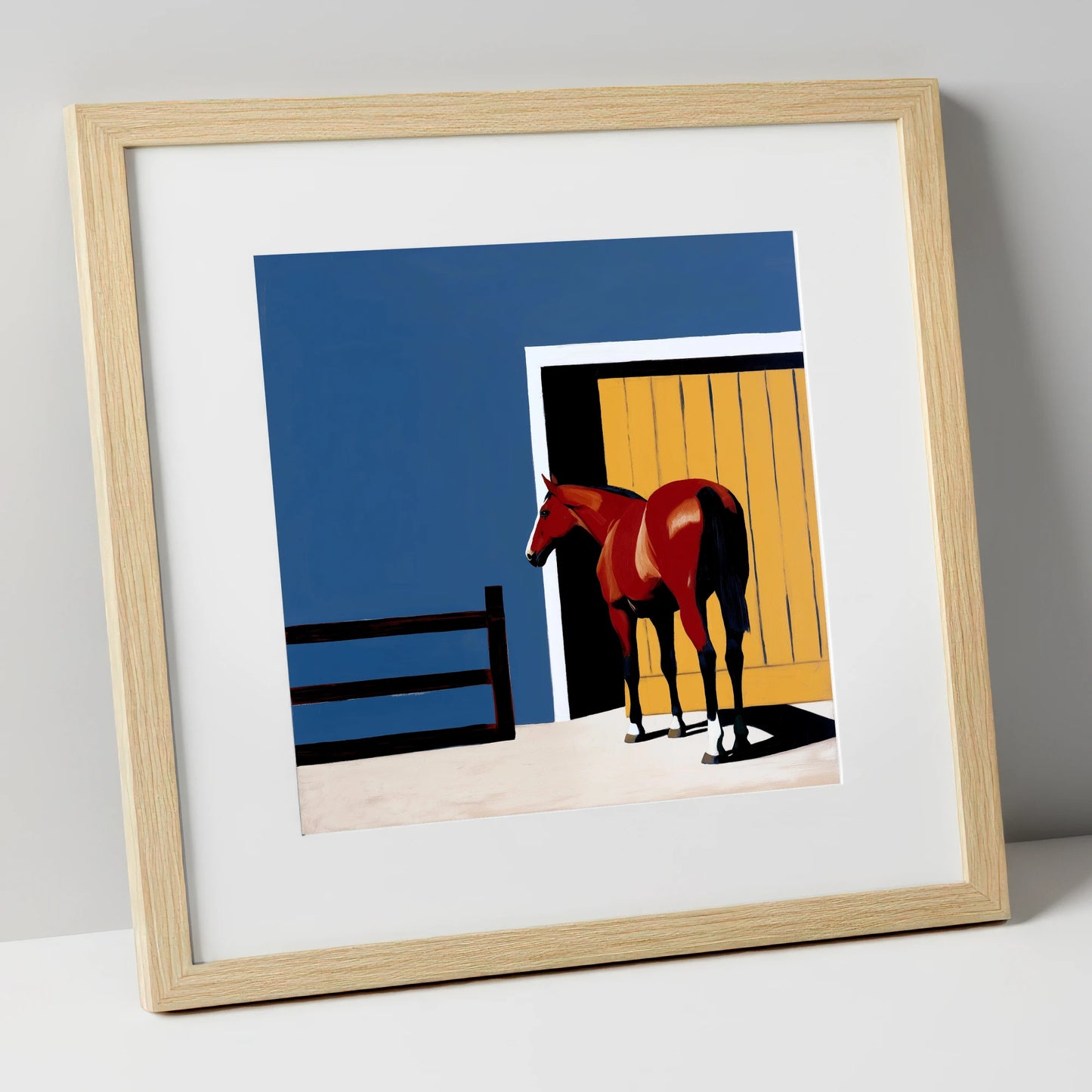 Chestnut at the Door horse stable art print in natural frame