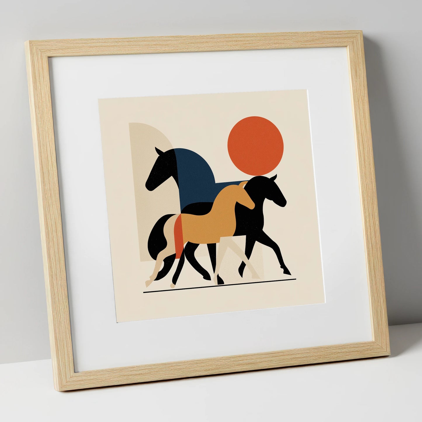 Abstract Equine Trio wild horses art print in natural frame