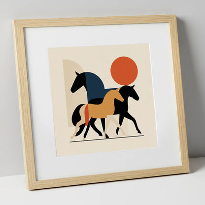 Abstract Equine Trio wild horses art print in natural frame