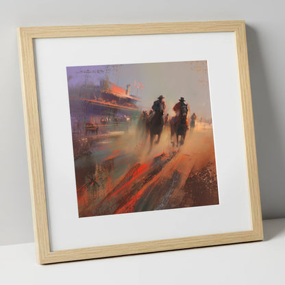 Thunder on the Track racing horse art print in natural frame