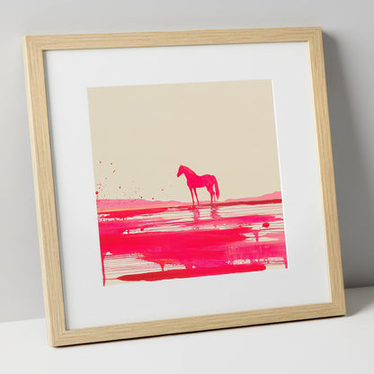 Magenta Horizon Reflection horse landscape art print in natural frame
