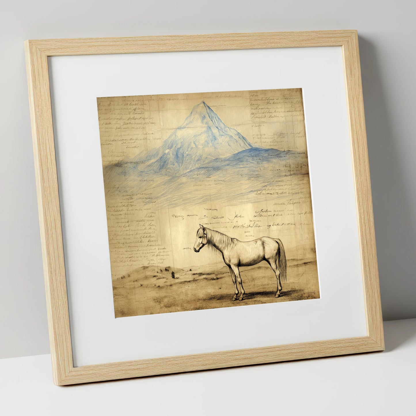 Alpine Journal Study horse landscape art print in natural frame