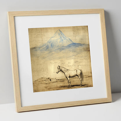 Alpine Journal Study horse landscape art print in natural frame