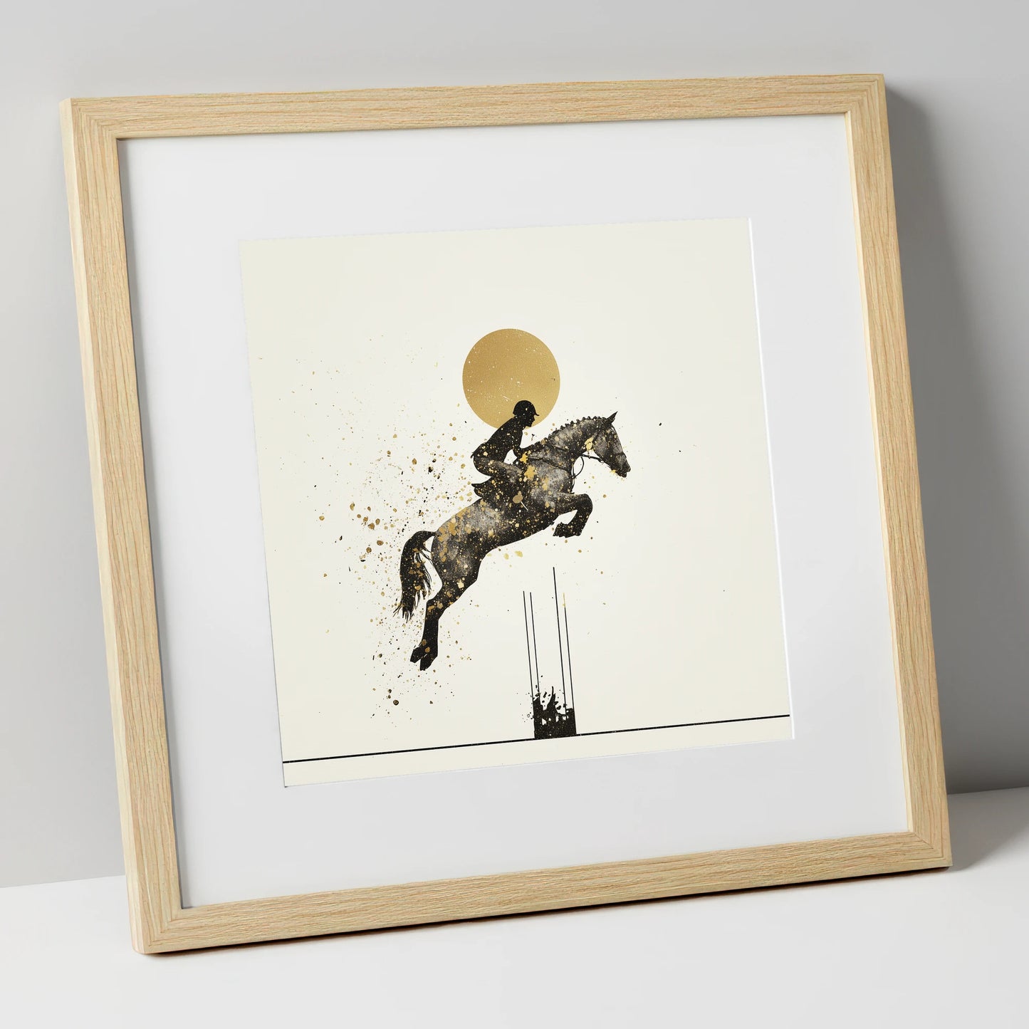 Golden Arc Showjumper show jumping horse art print in natural frame