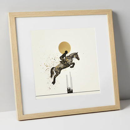 Golden Arc Showjumper show jumping horse art print in natural frame