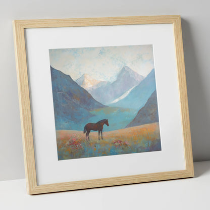 Mountain Solitude horse landscape art print in natural frame