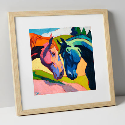 Vibrant Equine Connection horse portrait art print in natural frame