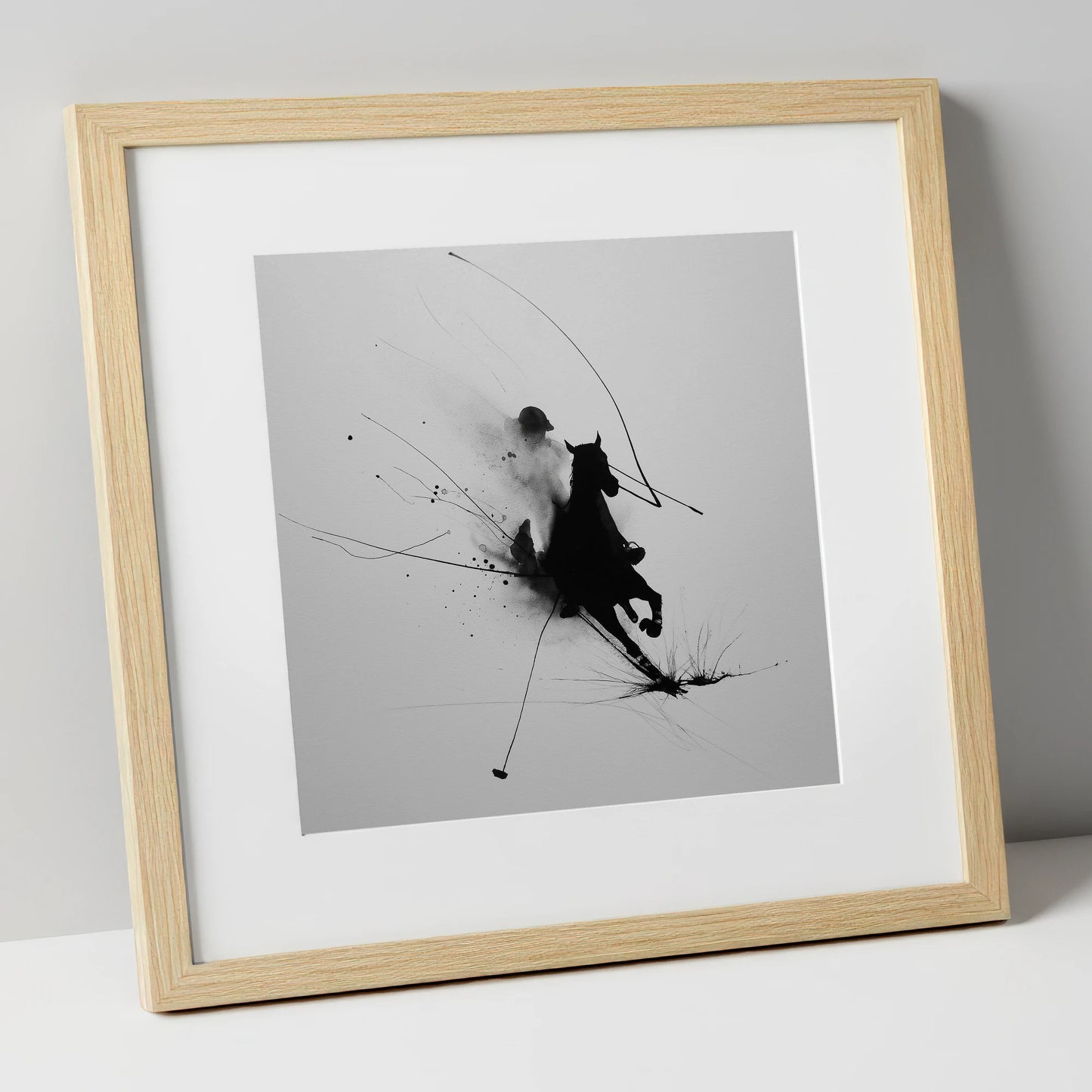 Phantom Polo Strike polo horse art print in natural frame