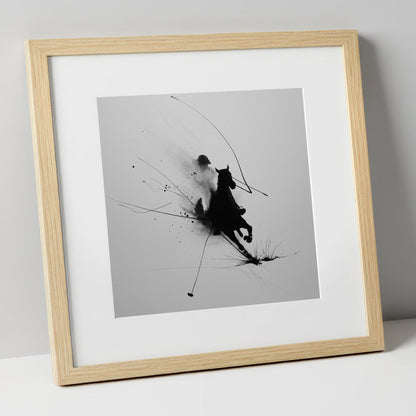Phantom Polo Strike polo horse art print in natural frame
