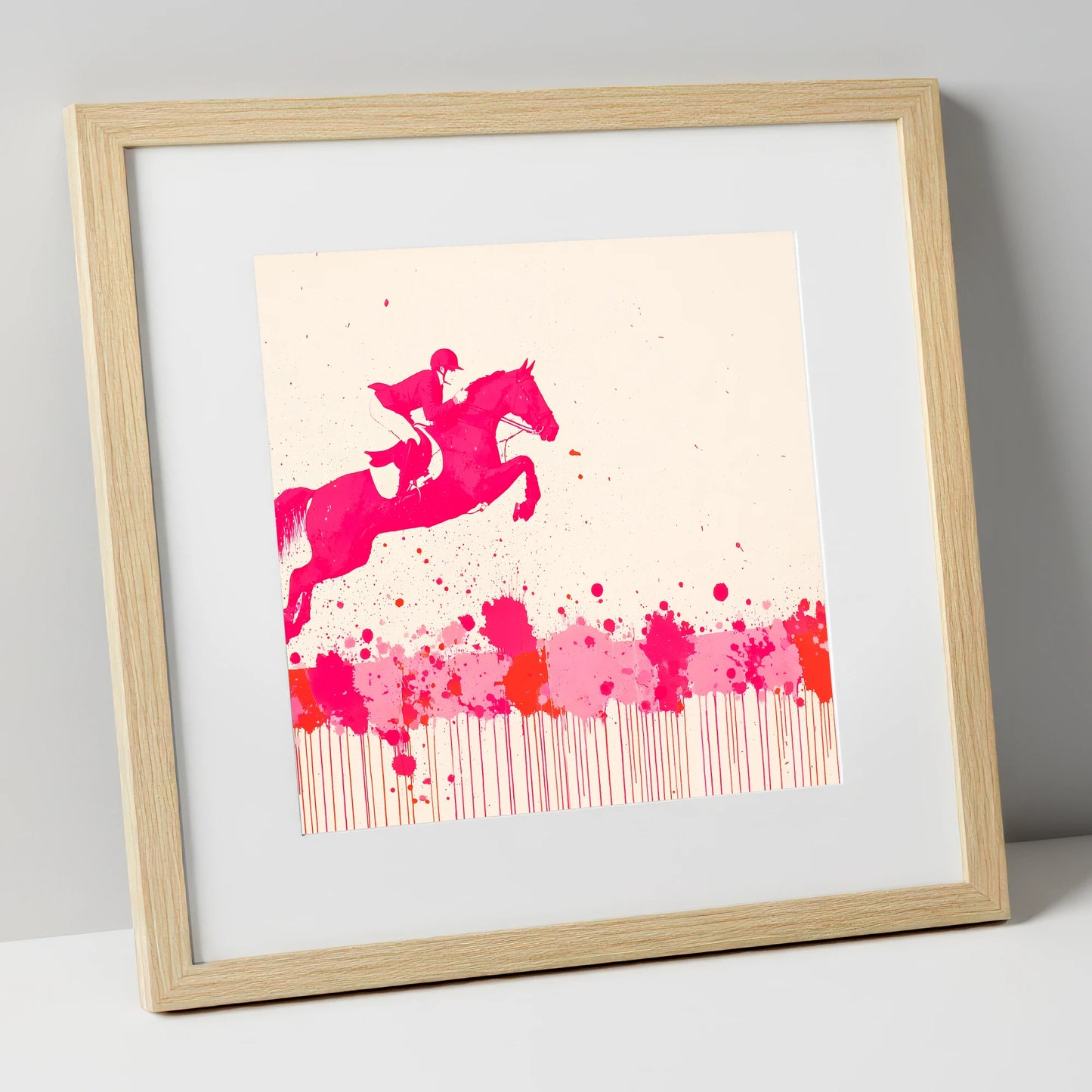 Magenta Flight show jumping horse art print in natural frame