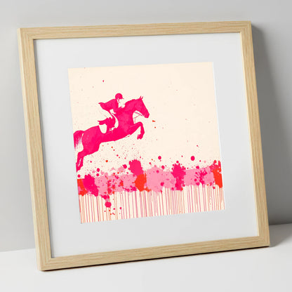 Magenta Flight show jumping horse art print in natural frame