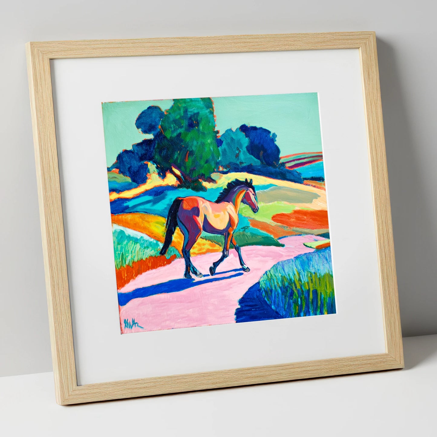 Technicolour Trot horse breed art print in natural frame