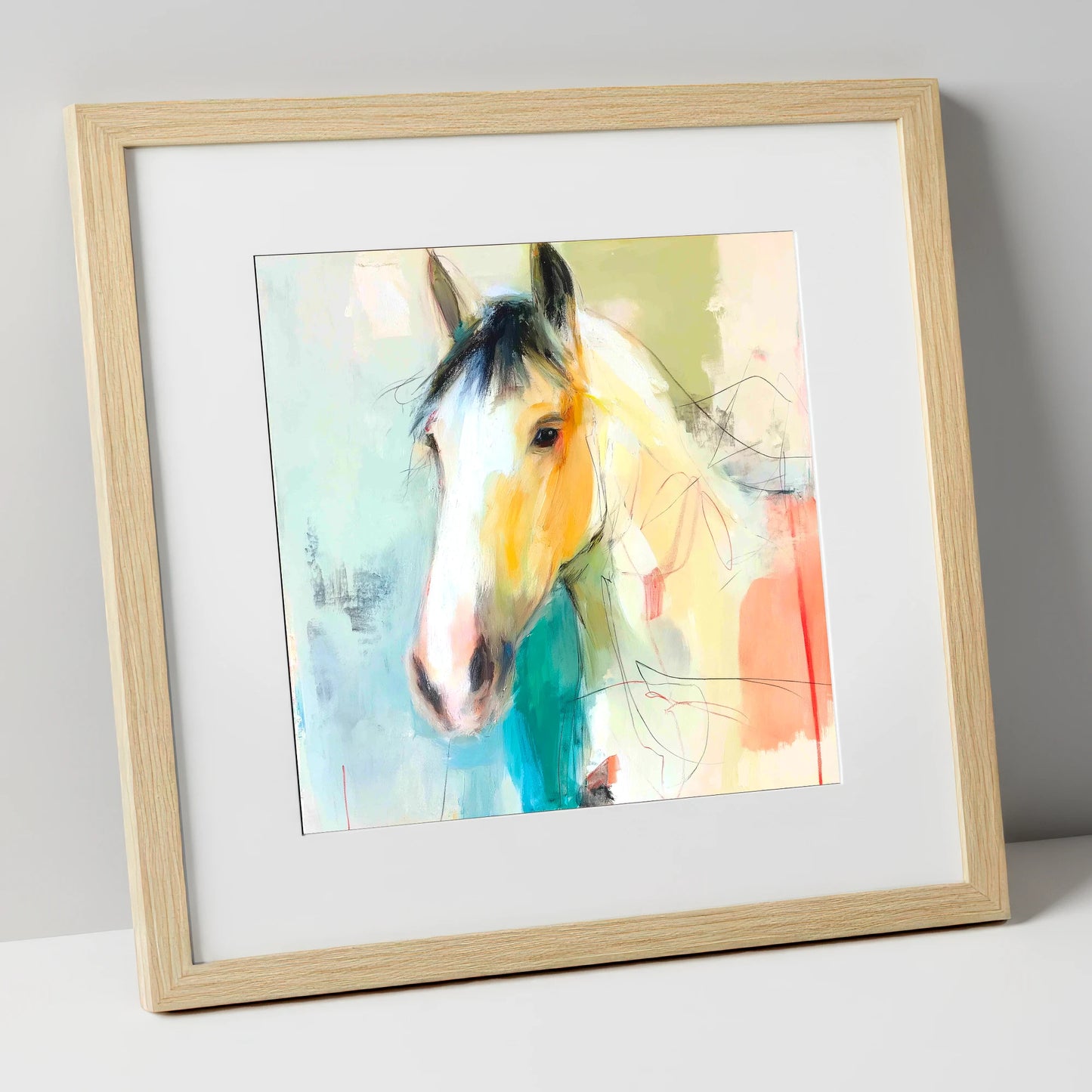 Quiet Grace in Ochre horse portrait art print in natural frame