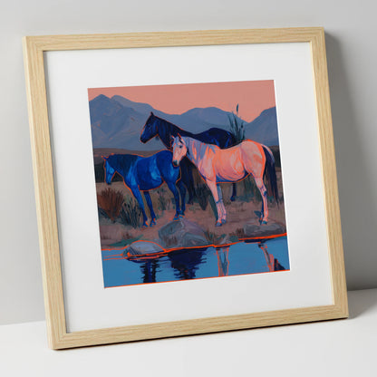 Vivid Indigo Dusk wild horses art print in natural frame