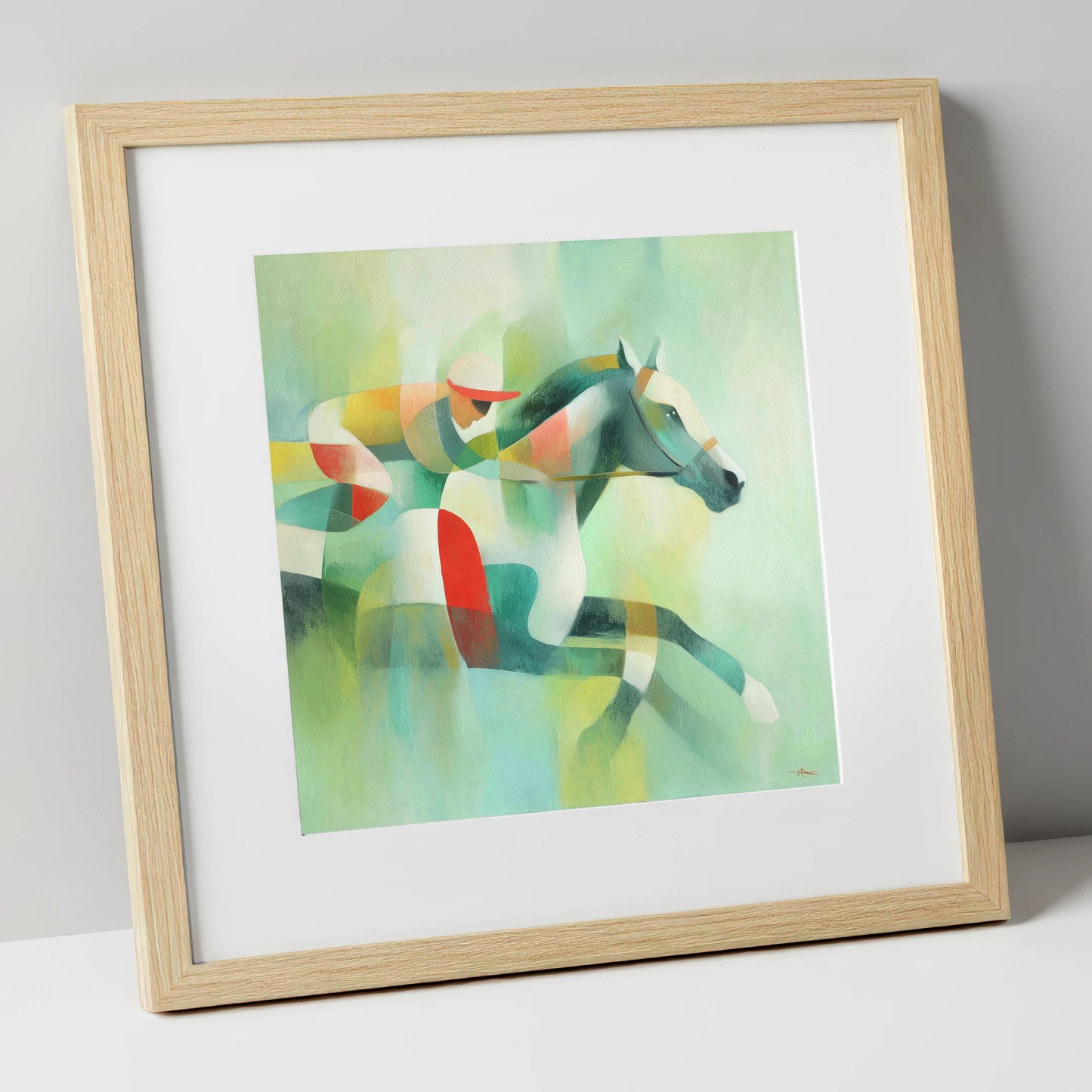 Prismatic Racing Stride racing horse art print in natural frame