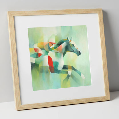 Prismatic Racing Stride racing horse art print in natural frame