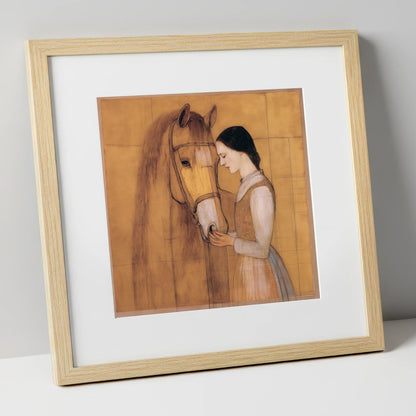 Quiet Connection horse & rider art print in natural frame