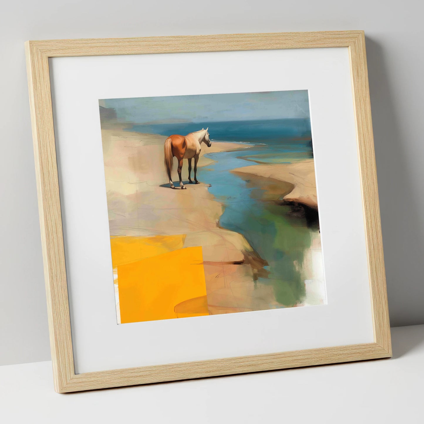 Golden Shoreline Solitude horse landscape art print in natural frame