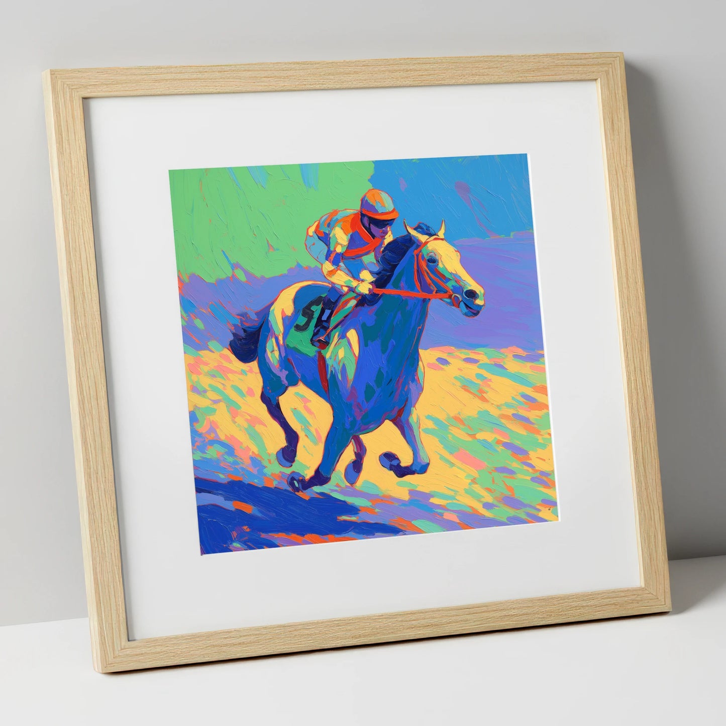 Technicolour Gallop racing horse art print in natural frame