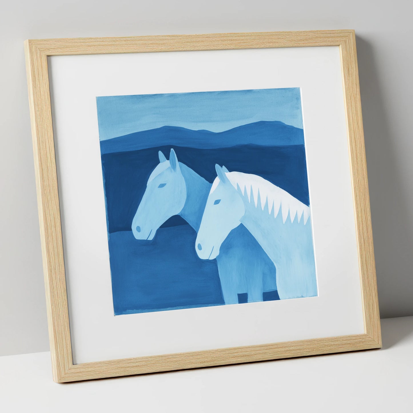 Azure Mountain Companions horse landscape art print in natural frame