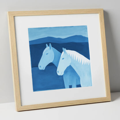 Azure Mountain Companions horse landscape art print in natural frame